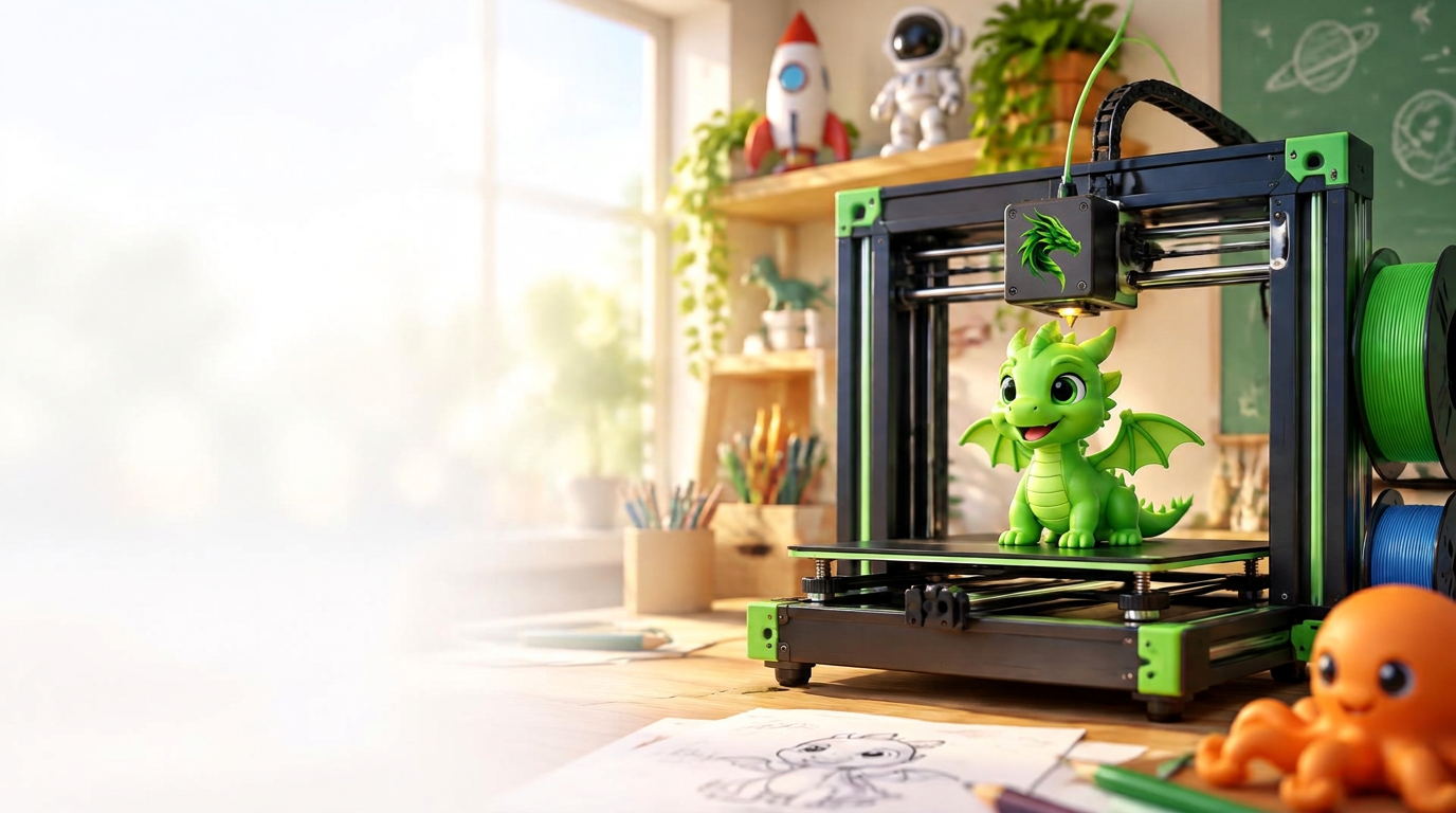 Impressora 3D imprimindo um dragãozinho verde de brinquedo